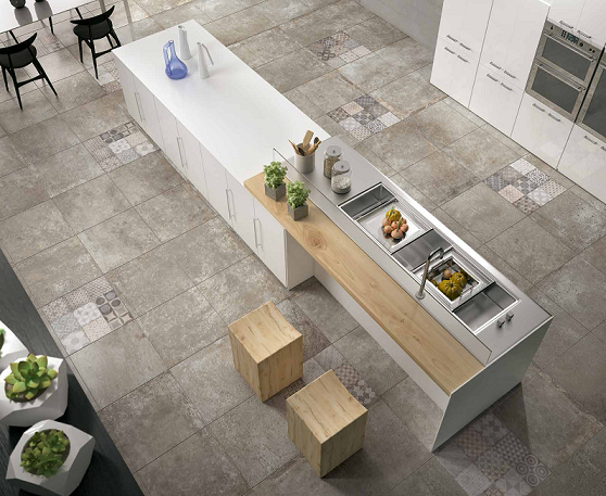 The Oversize collection comes in many different colours and sizes. Suitable for indoor flooring and tiling in spaces such as kitchens, bathrooms and living spaces, with modern touch and decorations.
